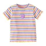 OPAWO Girls Short Sleeve Shirts Ribbed Knit Lettuce Trim Tee Shirt Tops, Little Girl Striped Blouse Undershirts Size 3-9 Years(Yellow,Pink,Blue,Purple, Size 9)
