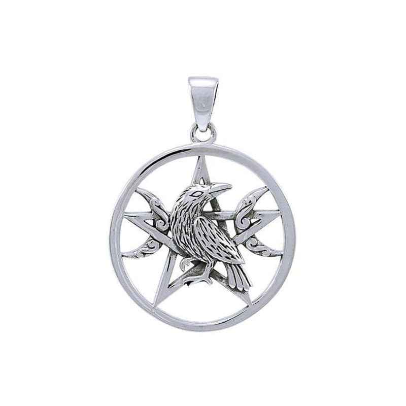 Pentacle corbeau argent 925 véritable anti-allergie, pendentif lune Peter Stone durable