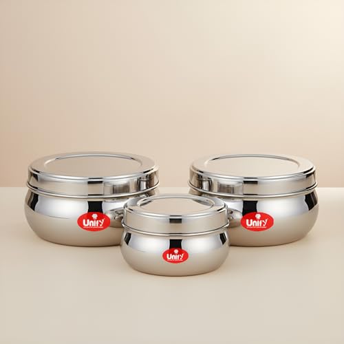 Image of Unify Stainless Steel Belly Dabba Set of 3 | 880ml, 600ml, 400ml Multipurpose Kitchen Storage Containers | Food-Grade, Rust-Proof Steel Canisters with Tight-Fit Lids for Snacks & Daily Use
