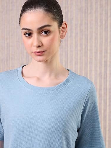 Image of TECHNOSPORT Women Relaxed Fit Cubic Melange Round Neck T-Shirt | Quick Dry Polyester Casual Tee with UPF 50+ UV Protection, Anti-Microbial & Double Cool Technology