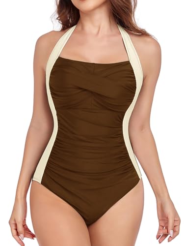 Image of Smismivo Tummy Control Swimwear Halter One Piece Slimming Vintage Retro Swimsuit Womens Ruched Push Up Bathing Suit