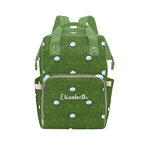 Personalized Green Grass Golf Ball Diaper Bag with Name Nappy Bags Travel Shoulder Casual Daypack Waterproof Mummy Backpack for Mom Girl Traveling Hiking Gift
