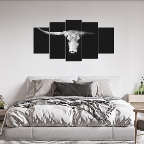 LevvArts Large 5 Pieces Longhorn Cow Canvas Wall Art Black and White Western Cattle Portrait Photo Painting Modern Man Cave Home Office Living Room Decor by LevvArts - Used condition - Image 2