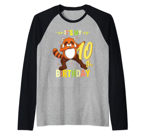 Its My 10th Birthday Dabbing Animal Panda Rojo Camiseta Manga Raglan