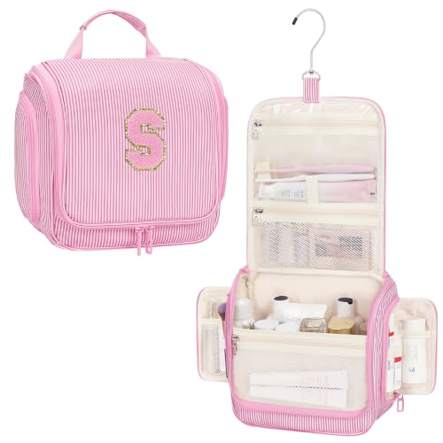 Relavel Hanging Toiletry Bag for Women, Travel Makeup Bag for Girls Kids Gifts Personalized Initial Toiletry Pouch Shower Bag, Travel Essentials Birthday Gifts for Teen Girls, Pink S