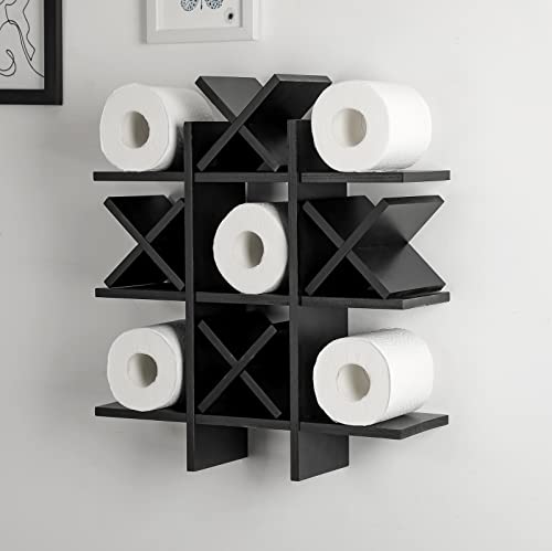Weysat Tic Tac Toe Toilet Paper Holder Stand Bathroom Wall Decor Rustic Wooden Hanging Storage Freestanding Wall Mounted Shelves Decor for Toilet Tissue Farmhouse