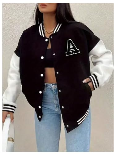 Verdusa Women's Y2k Printed Button Up Bomber Jackets Long Sleeve Varsity Jacket Outerwear with Pockets3
