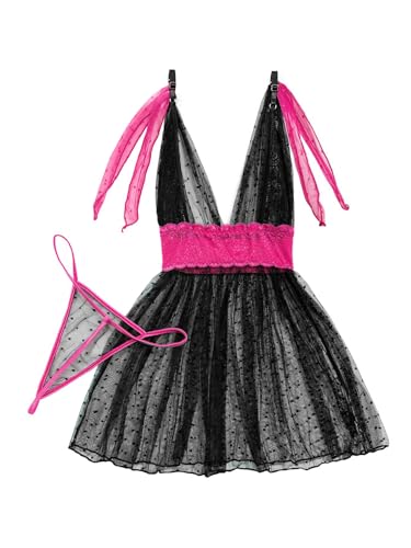 Image of Lilosy Sexy Polka Dots Mesh Sheer Lace Babydoll Chemise Lingerie Set Floral Sleep Wear