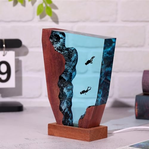 Image of Drawelry Ocean Creative Epoxy Resin Wood Light Lamp, Handmade Multi Color Aquatic Ocean Lamp Deep Sea Cave Diving Enthusiasts Led Night Light Desktop Decor Birthday Gift (Diving, M)