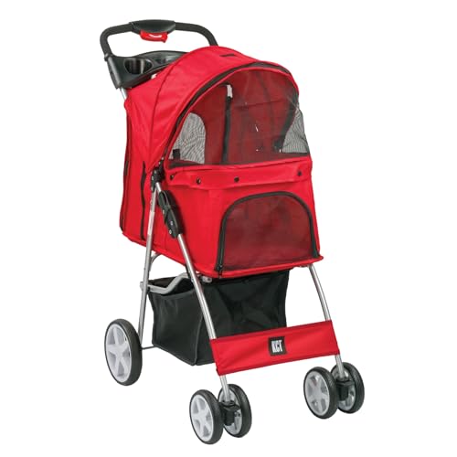 KCT Hooded Foldable Pet Dog Cat Stroller Red- 4 Wheel Travel Carriage with Safety Leash, Canopy, Cup Holder, Storage Tray