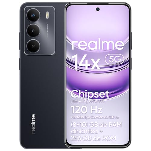 realme 14x 5G Smartphone (8+10)GB de RAM dinámica 256GB de ROM,pantalla Eye Comfort de 120Hz, cámara de 50MP, batería de 5000mAh,resistencia a golpes de grado militar,ocho núcleos,negro(sin adaptador)