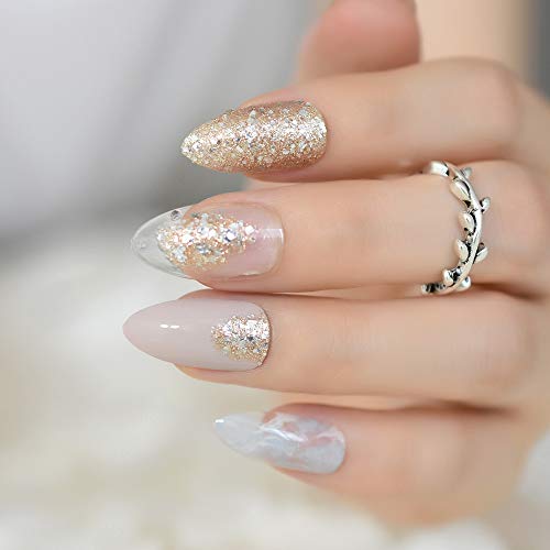 EchiQ Spitzer Stiletto Kunstnägel, Nude Grau Marmor Wolke Fake Nails Clear Shimmer Glitter Drücken auf Full Summer Daily… – Bild 3