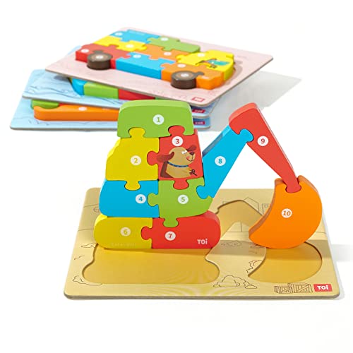 Toi 4 Pack Wooden Puzzles for Toddlers Montessori Educational Toys for Kids Aged 3+, Preschool Colors & Shapes Learning STEM Toys for Boys Girls, Transportations