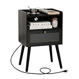 AWASEN Black Nightstand with Charging Station, Modern Bedside Table with Glass Decorative Drawer, Small End Table Side Table with 2 Tiers Storage Space, for Bedroom, Office and Small Space (Black)