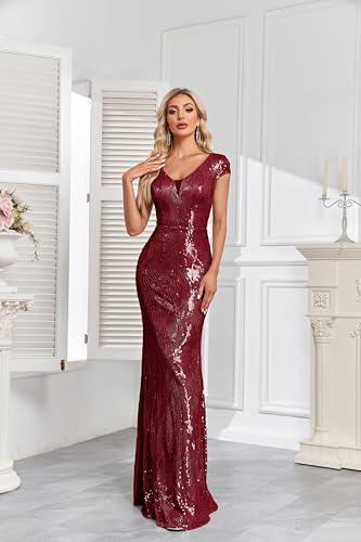 Image of XUIBOL Womens Sequined Short Sleeves Long Formal Dress with V-Neck for Evening Event Nightout Club Gown Silver Paillette