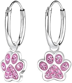 Dangling Dog Cat Paw Print Charm Hoop Earrings with Crystal Stones - 925 Sterling Silver