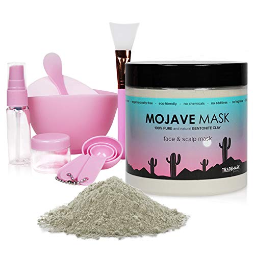 Trademark Beauty Mojave Mask | 100% Pure Bentonite Clay | Facial Spa Kit with Silicone Spatula, Applicator Brush, Spray Bottle | Natural Face and Scalp Cleansing Treatment | DIY Detox Bath Facial Mask
