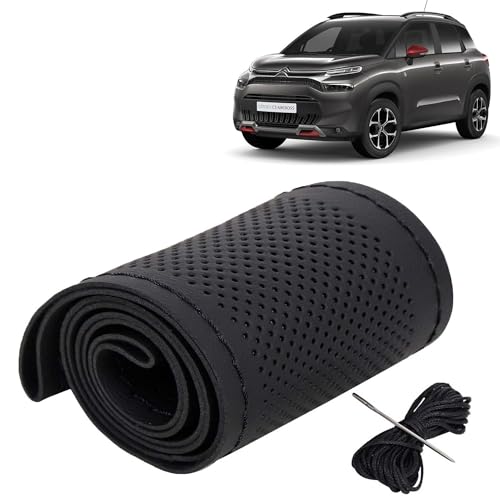 Image of KINGSWAY PU Leatherite Car Steering Cover Sewable Compatible with Citroen C3 Aircross (Year 2023 Onwards), Black Color with Black Thread, Pack of 1 with Sewing Needle and Thread
