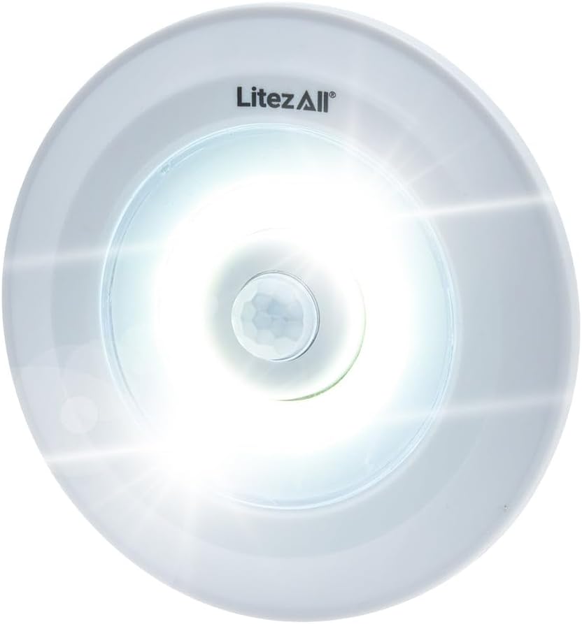 LitezAll Motion Activated Puck Light | 100 Lumen Battery Powered Under Cabinet Lighting, Auto Shut-Off, Peel & Stick Installation, Portable Wireless Closet Light (3 AAA Batteries Included)