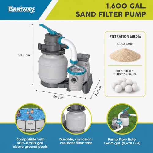 Miniatura 2 de Bestway 58497 - Depuradora De Arena 5.678 L H Conexión 38 Mm 230 W Con Prefiltro Con Tapa Roscada Apta Para Arena De Silice De 0.45-0.85 Con Cesta Tamiz Para Piscinas De 1.100-42.300 L