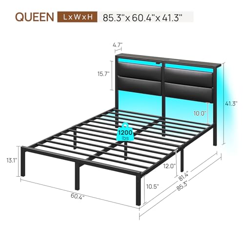 Rolanstar Queen Bed Frame with Charging Station, LED Bed Frame Queen with Upholstered Storage Headboard, Platform Bed with Metal Slats & Under Bed Storage, No Box Spring Needed, Noise Free, Black by Rolanstar - Image 2