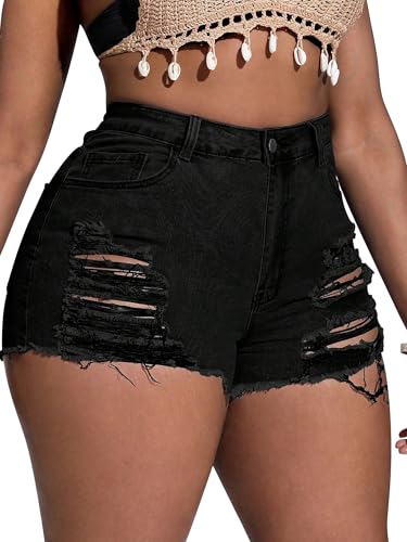 ALLABREVE Womens Plus Size Ripped Frayed Hem Casual Denim Shorts High Waisted Stretchy & Comfortable Summer Hot Jean Shorts with Pockets Black