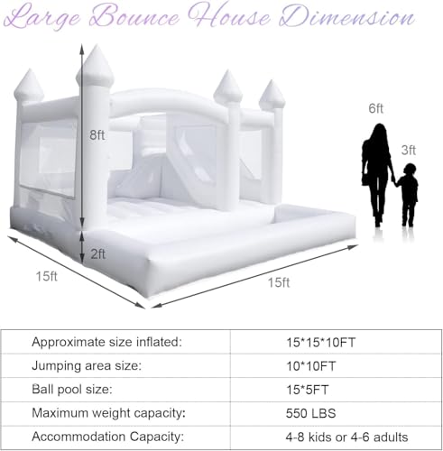 Image of 15ft White Bounce House Castle with Ball Pit&Slide, 100% Heavy Duty PVC Inflatable Commercial Bounce House for Adult Kid, 600lbs Capacity, 1100W Blower, Outdoor Wedding Party Balloon House, 15x15x10ft