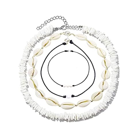 GiantGo Shell Necklace for Women Pearl Choker Necklace Adjustable Seashell Necklace Bracelet Beach Boho Jewelry Set for Girls, 4 Pieces Cover