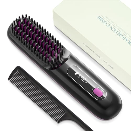 Cordless Hair Straightening Brush Ceramic Ionic Anti-Frizz Hair Brush 30 Second Quick Heat Up Adjustable Temperature Travel Portable Styling Tool for All Hair TypesMidnight Black