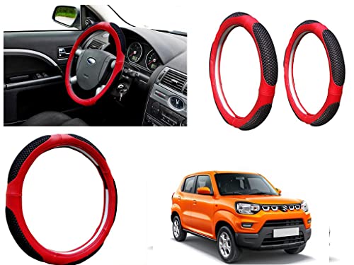 Image of Microfiber Car Steering Wheel Cover, Soft Padding Great Hand Feel, Anti-Slip, Faux Leather Steering Cover for Maruti Suzuki S Presso | Black Red Jali - Pack of 1