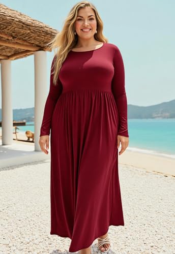 Image of Nemidor Plus Size Maxi Dress for Curvy Women Fall Casual Loose Long Sleeve Dresses with Pocket 14-26