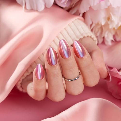 VSALON Press on Nails Short Almond - Pink Cat Eye Chrome Nails Kit for Women, Valentines Reusable Aurora Effect Opaque Gel Fake Nails with Glue & Cuticle Oil - 32 PCS Stick On Nails in 16 Sizes