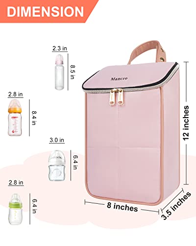 Mancro Baby Bottle Bag Holds 3 Bottles Up To 9 Ounce, Insulated Bottle Bag For Daycare With Pu Handle, Breastmilk Cooler Bag For Mom, Pink #TOP3