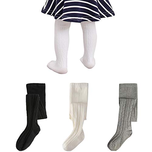 Layeba Baby Girls Tights Toddler Cable Knit Cotton Seamless Leggings Infant Pants 3 Pack (Black+White+Grey, 6-8Y (45 IN))