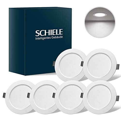 Schiele LED Einbaustrahler 230V Einbauleuchten Ultra Flach 25,5mm Kaltweiß 6500K Einbauspots Weiss Leuchten 6W-7W 600LM, Ø108mm, Lochmass 95-100mm, Deckenleuchte für Wohnzimmer Büro Saal, 6er pack Cover
