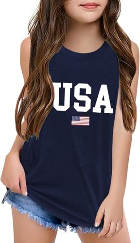 Qbily American Flag 4th of July Tank Tops for Girls Kids Summer Independence Day Bow Printed Sleeveless Graphic T Shirt