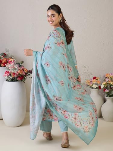 Image of INDO ERA Women's Straight Linen Floral Printed Embroidered Kurta & Pant with Dupatta Set