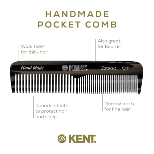 Kent OT 4.5 Inch Small Graphite Double Tooth Hair Pocket Comb, Fine/Wide Tooth Comb For Grooming Styling Hair, Beard and Mustache, for Men, Women and Kids. Saw Cut Hand Polished. Handmade in England