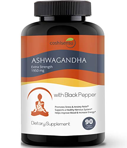 Ashwagandha Organic Capsules 1950mg with Black Pepper - Ashwagandha Extract Root - Stress Relief - Anti Anxiety - Mood Enhancer - Organic Ashwagandha Root Powder Extract - 90 Vegan Capsules