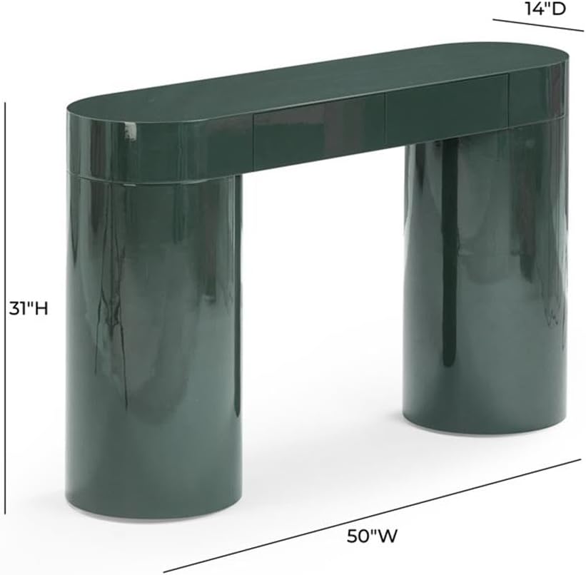 Pemberly Row Contemporary Console Table, Deep Green High Gloss Finish, Walnut Veneer, Tempered Brown Glass Top, Sleek Modern Profile, 46" W x 35.2" D x 15" H, Handmade Living Room Furniture