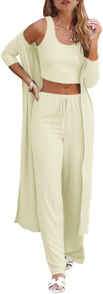 Fessceruna Womens 3 Piece Lounge Sets Pajamas Knit Long Sleeve Cardigan Crop Top Wide Leg Pants Loungewear Set