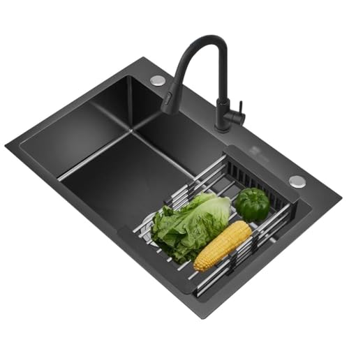 WIQUYBML Fregadero de Cocina de un Solo Seno con Tres Orificios y sifón, de Acero Inoxidable, fácil de Limpiar, para Piscina, hogar, Bar, lavavajillas, Restaurante o Estudio (Color: Negro,