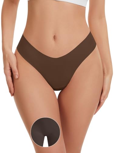 OVRUNS Seamless Thongs for Women Low Waist Invisible No Show Thong Panty Liners Workout G-String Thongs Underwear - Coffee M