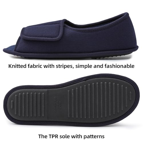 Image of Adjustable House Shoes Open Toe Full Foot Slippers for Men Breathable Memory Foam Slipper Indoor /Outdoor Non-Slip Sole Extra Wide Shoes for All Season NavyBlue US13-14