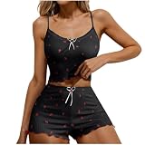 Pyjama court 2 pièces pour femme en coton côtelé super doux en coton côtelé avec caraco et short de nuit avec bretelles réglables Taille britannique, A34 Noir, XL