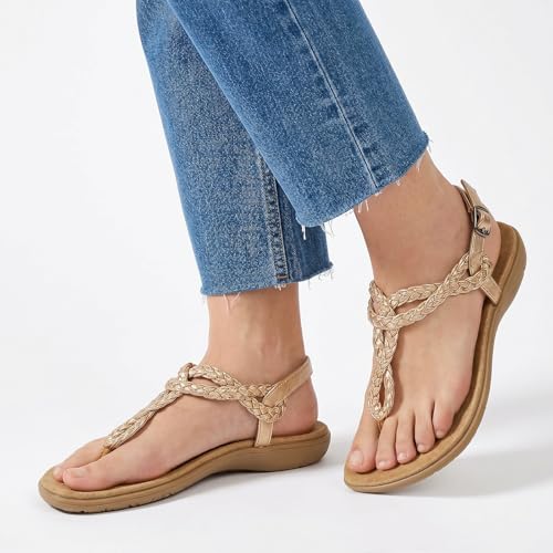 Image of UBFEN Womens Flat Sandals Dress Braided T-Strap Thong Sandals with Arch Support Comfortable for Walking