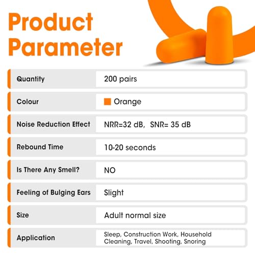 Image of AZEN 200 Pairs Ear Plugs, NRR 32dB Soft Foam Ear Plugs for Sleeping Noise Cancelling, Earplugs for Concerts Shooting Swimming Noise Reduction,Individually Wrapped (Orange)