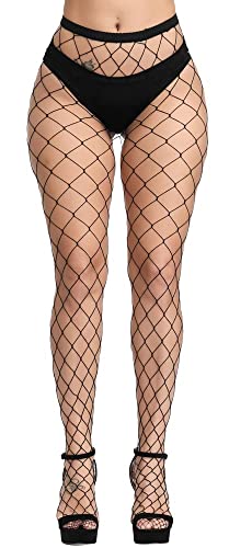 CozyWow nätstrumpbyxor dam elastisk urholkning hög midja fisknät strumpbyxor sexiga strumpeband lår höga strumpor för kvinnor, Svart – stort hål, one size