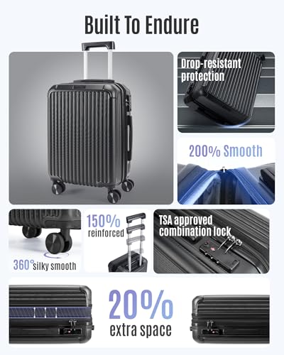 Image of LIGHT FLIGHT Carry On Luggage 22x14x9 Airline Approved, Black | 22x14x9 Airline Approved, Hard Shell with Wheels, Expandable Hardside, TSA Lock, Lightweight