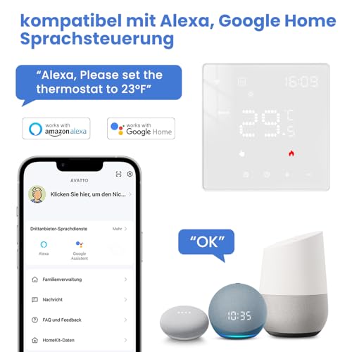 Smart WiFi Thermostat für Wasser-Fußbodenheizung und Gasboiler, Programmierbar Raumthermostat Unterstützen Alexa, Google Home Sprachsteuerung und Smart Life App Fernbedienung (2,4-GHz-WiFi)